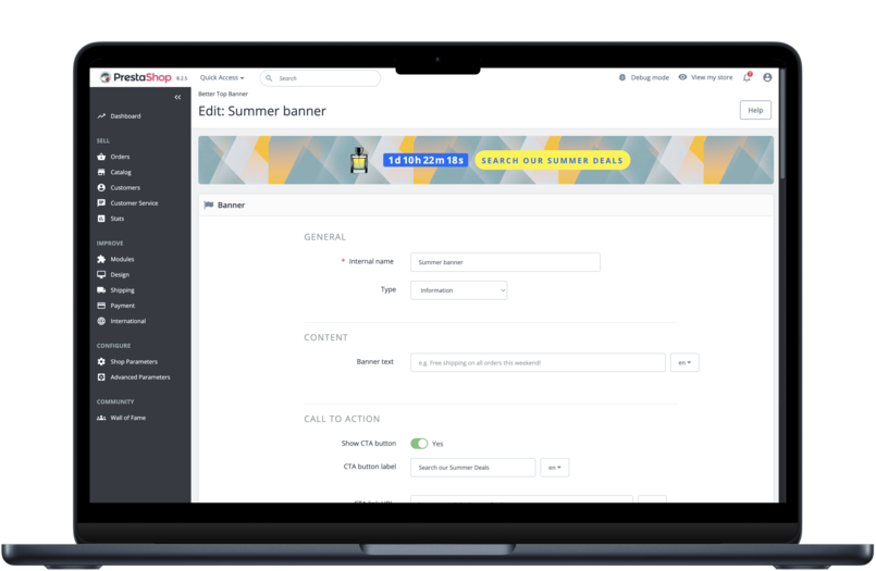 Better Top Banner — back-office form with sticky live preview at the top
