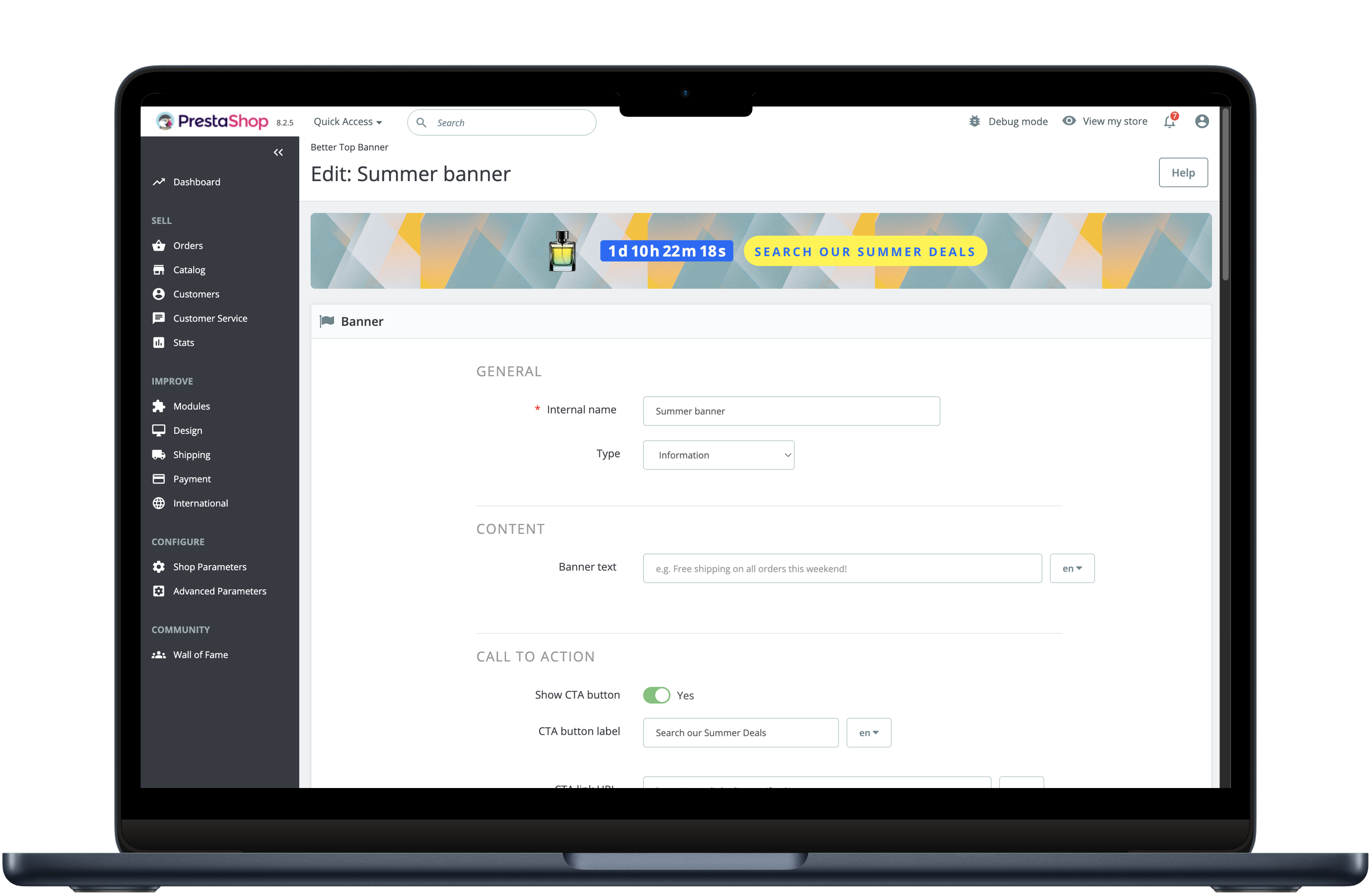Better Top Banner — back-office form with sticky live preview at the top