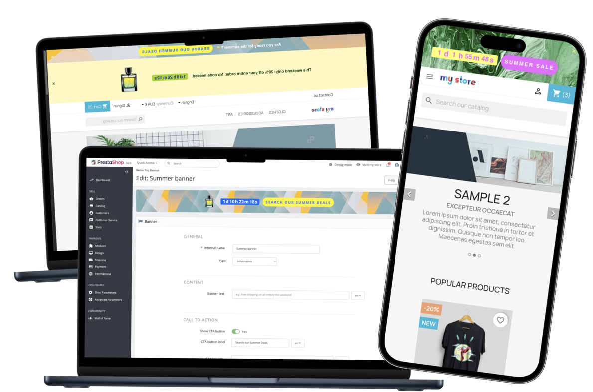 PrestaShop top banner module — countdown, free shipping progress, and welcome banners stacked