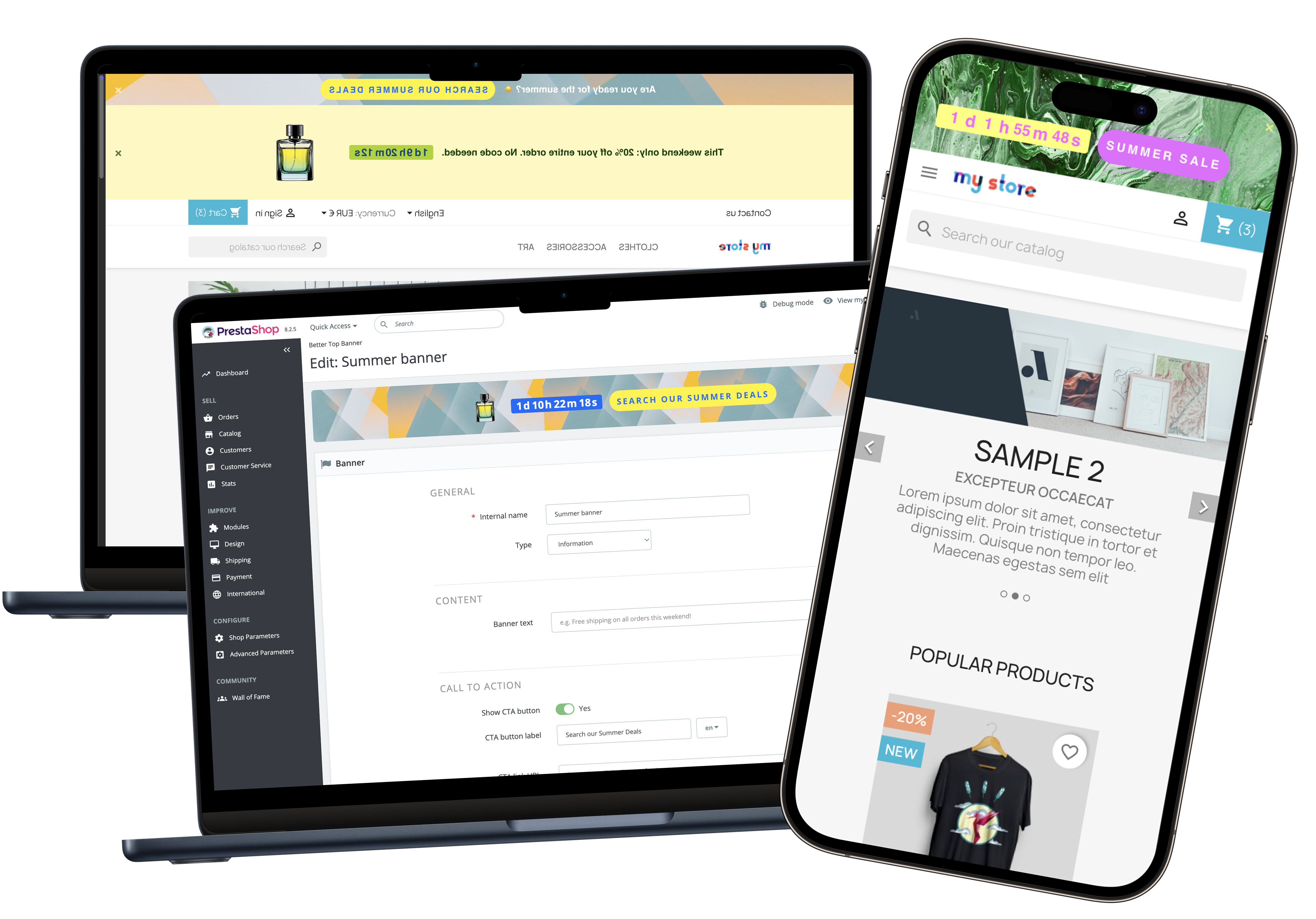 PrestaShop top banner module — countdown, free shipping progress, and welcome banners stacked